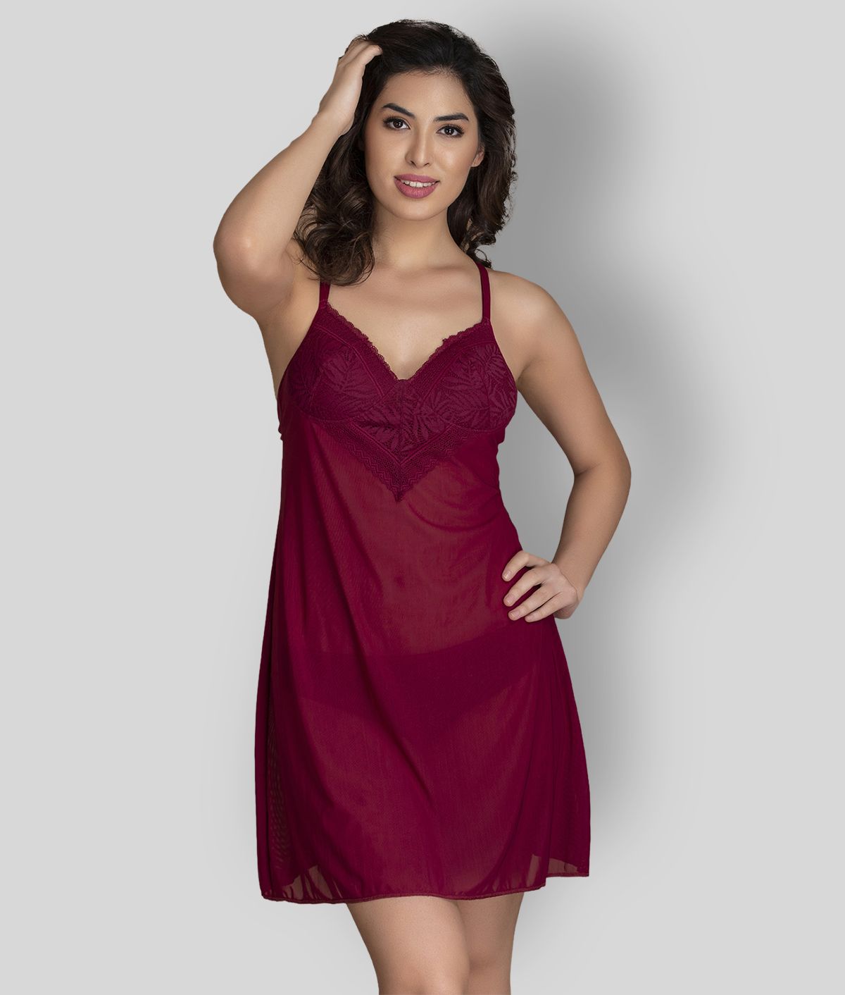     			Clovia - Maroon Lace Women's Nightwear Baby Doll Dresses Without Panty ( Pack of 1 )