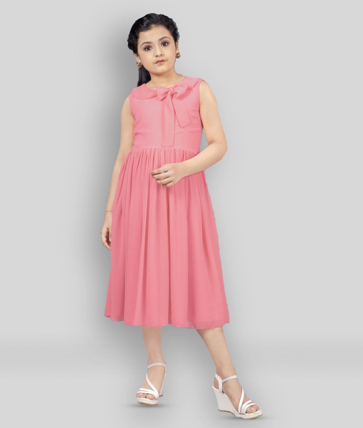     			MIRROW TRADE Georgette Fit And Flare Dress For Girls ( Pack of 1 , Peach )