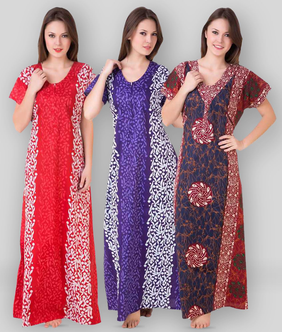     			Masha Cotton Nighty & Night Gowns Red, Purple,Blue Pack of 3