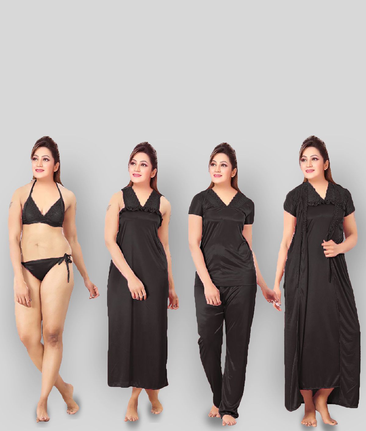     			Romaisa - Black Satin Women's Nightwear Nighty & Night Gowns ( Pack of 6 )