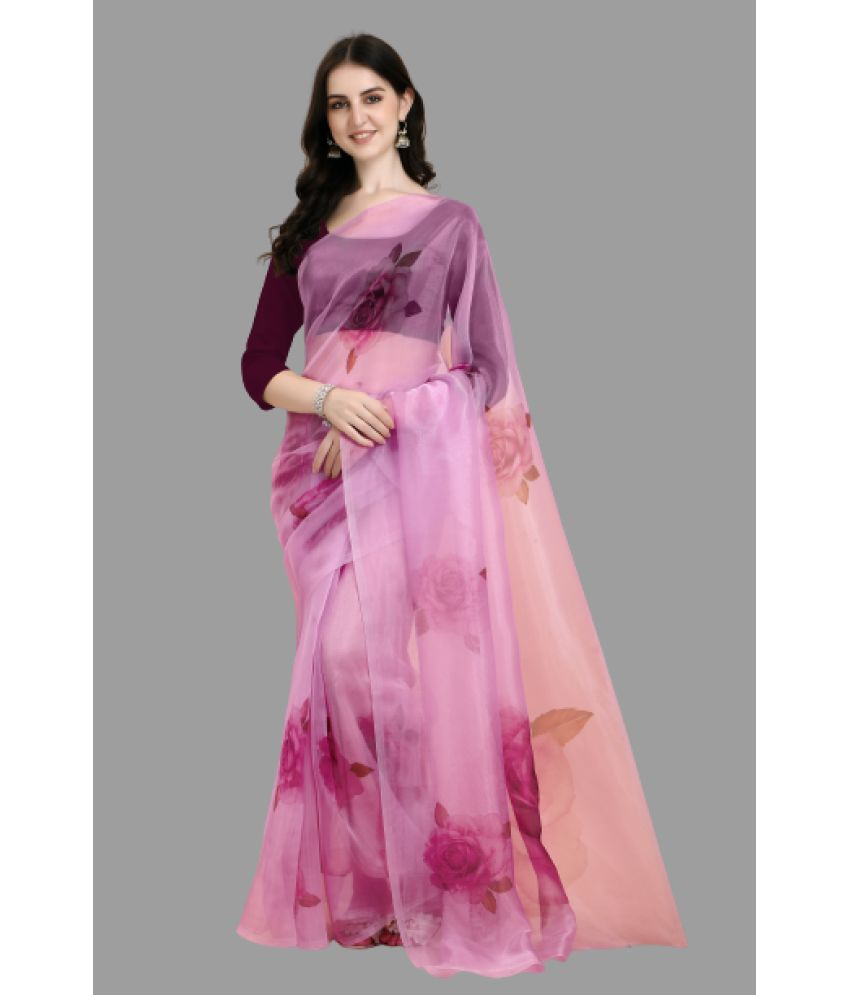     			PARAKHIYA FAB - Wine Organza Saree With Blouse Piece ( Pack of 1 )