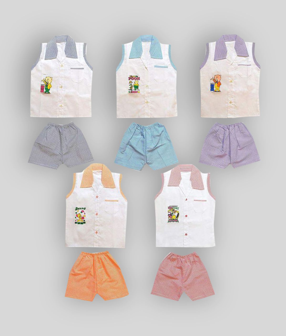 Sathiyas Baby Boys Printed Sleevless Tops & Striped Drawers - Pack of 5 Sets (6-12 Months)