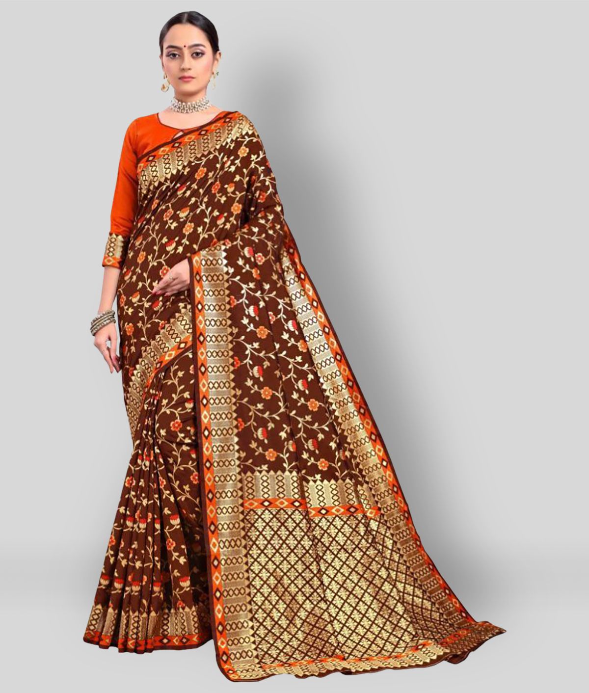     			Sherine - Brown Banarasi Silk Saree With Blouse Piece (Pack of 1)