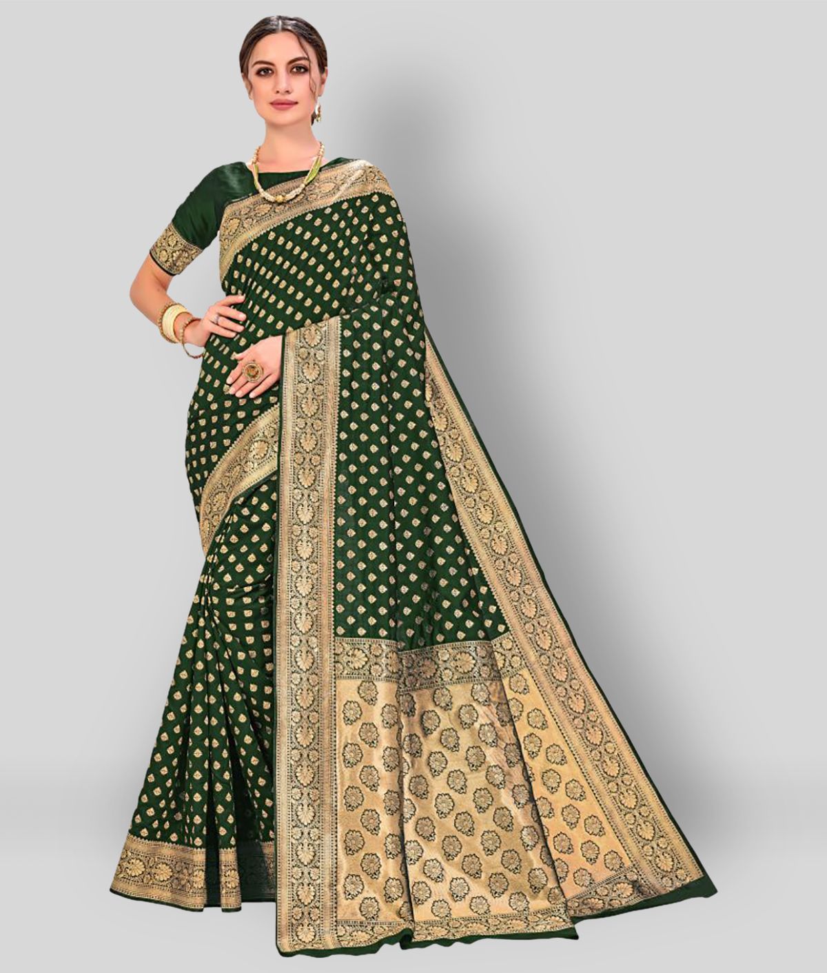     			Sherine - Green Banarasi Silk Saree With Blouse Piece (Pack of 1)