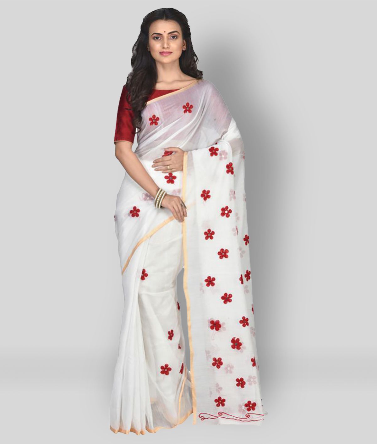crochetin - White Cotton Saree Without Blouse Piece (Pack of 1)