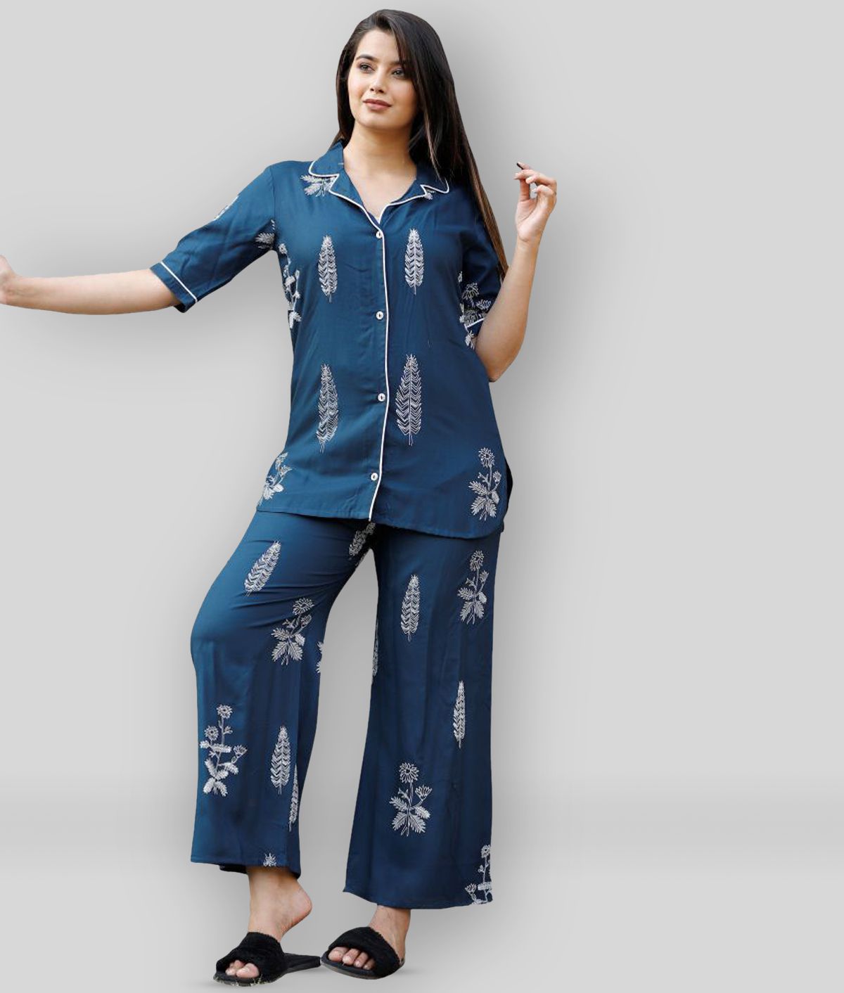     			CTMTEX - Navy Blue Rayon Women's Nightwear Nightsuit Sets