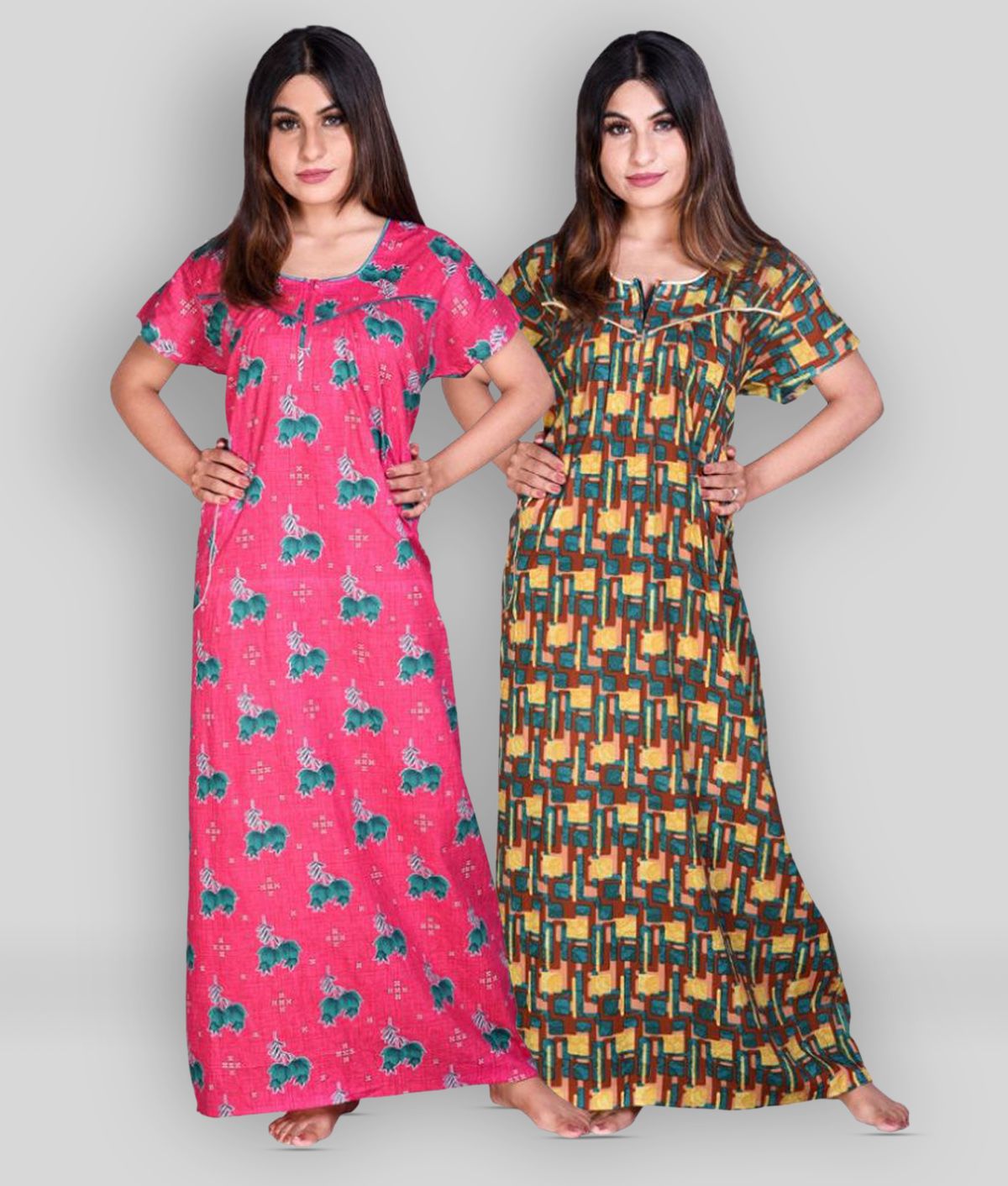     			Raj - Multicolor Cotton Women's Nightwear Nighty & Night Gowns ( Pack of 2 )