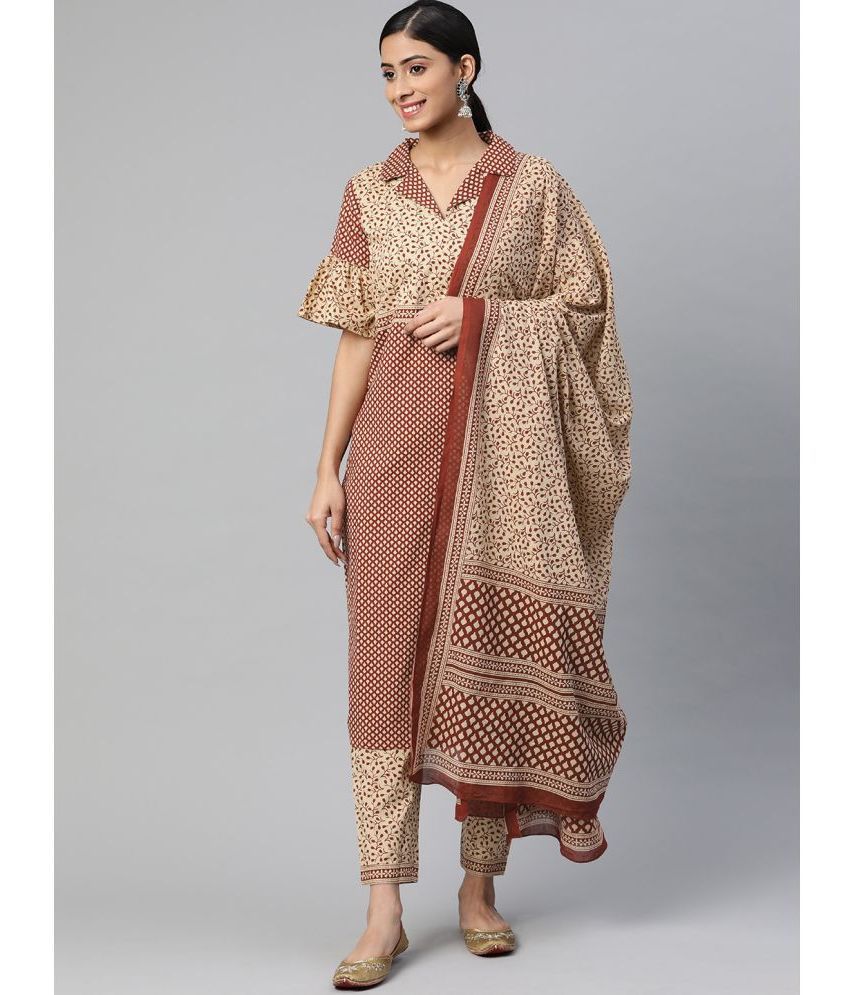    			SVARCHI - Beige Straight Cotton Women's Stitched Salwar Suit ( Pack of 1 )