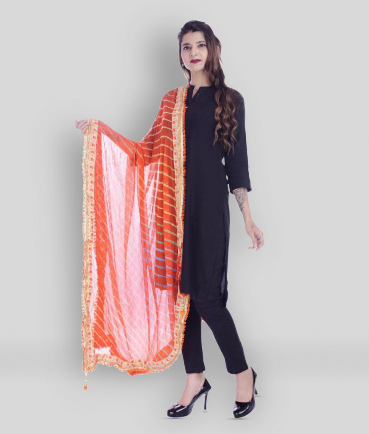     			Raj Orange Chiffon Leheria Dupatta