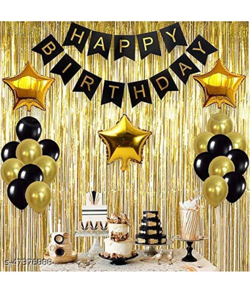     			Kiran Enterprises Happy Birthday Banner ( Black ) +3 Foil Star ( Gold ) + 2 Fringe Curtain ( Gold ) + 30 Metallic Balloon ( Black, Gold )