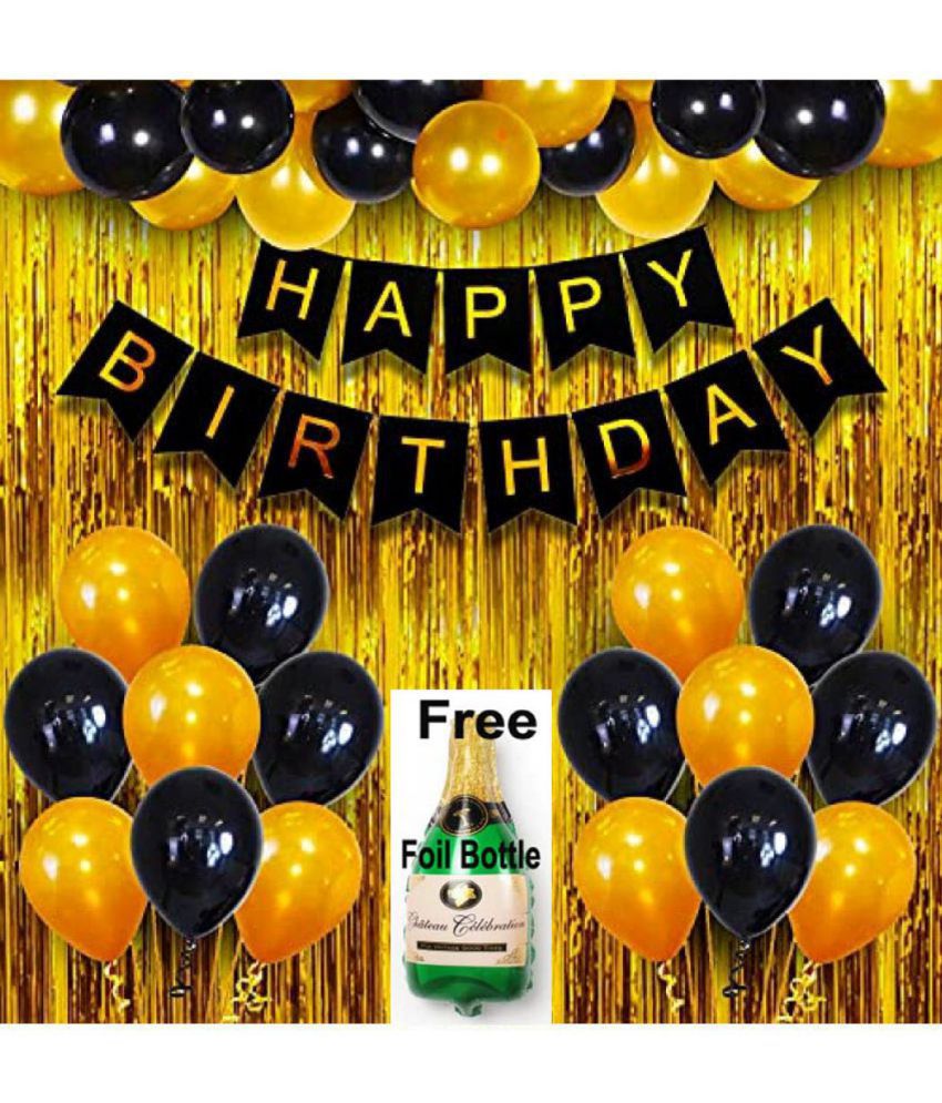     			Kiran Enterprises Happy Birthday Banner ( Black ) + 2 Fringe Curtain ( Gold ) + 30 Metallic Balloon ( Blue, Gold ) + Free Foil Bottle
