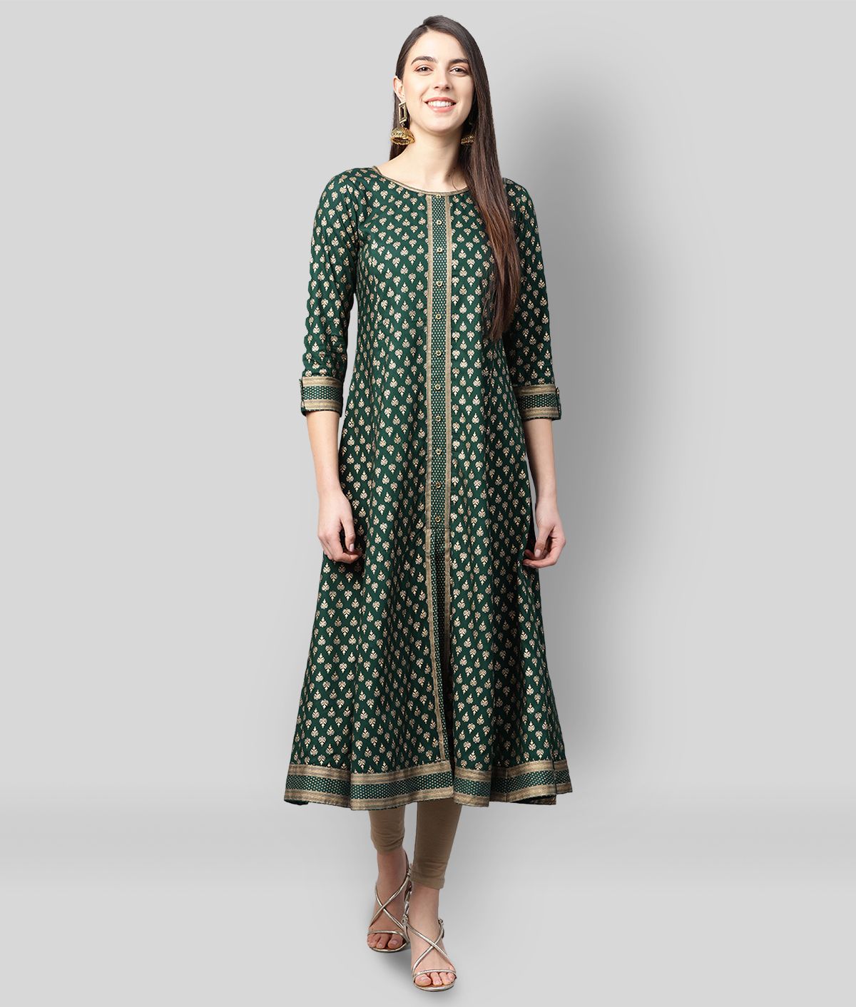     			Yash Gallery Pack of 1 Rayon Printed Flared Women's Kurti - ( Green )