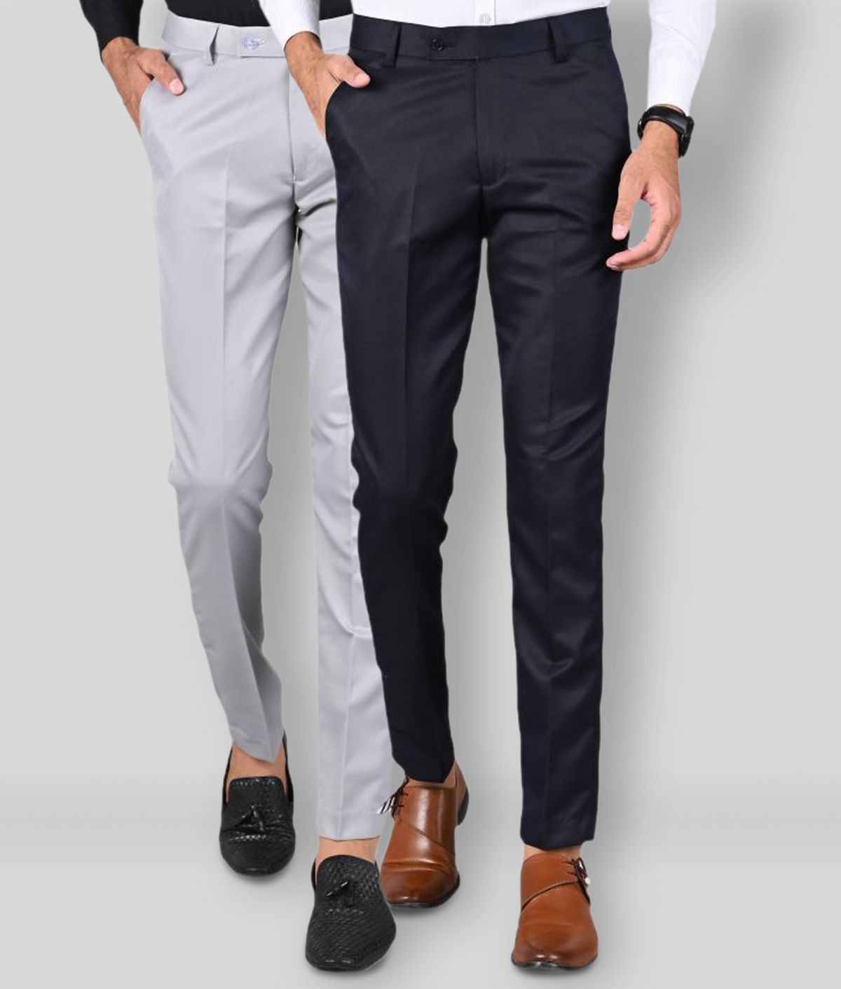     			MANCREW - Navy Blue Polycotton Slim - Fit Men's Formal Pants ( Pack of 2 )