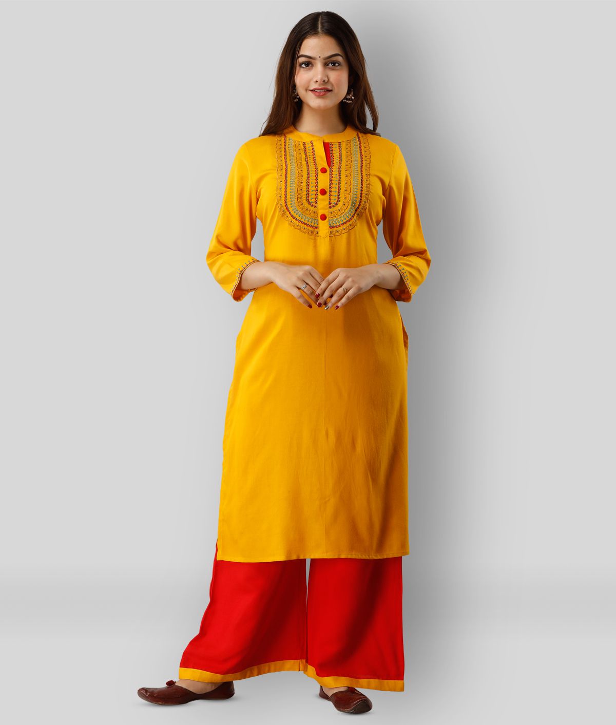     			Frionkandy - Yellow Straight Rayon Women's Stitched Salwar Suit ( Pack of 1 )