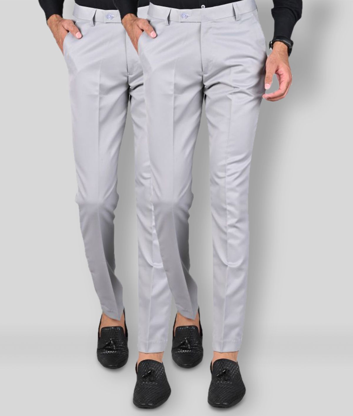     			MANCREW - Light Grey Polycotton Slim - Fit Men's Formal Pants ( Pack of 2 )