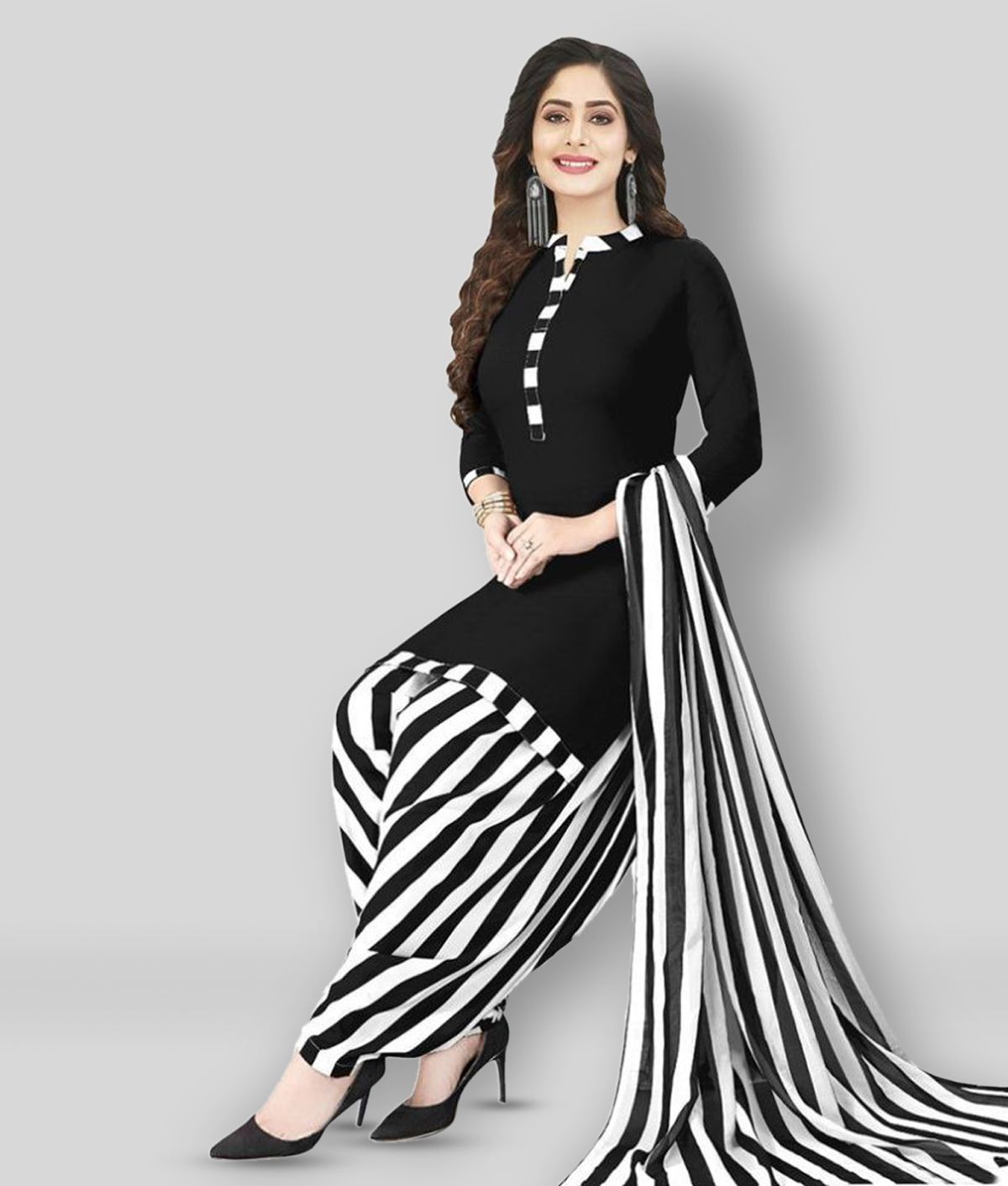     			shree jeenmata collection Black,White Synthetic Unstitched Dress Material