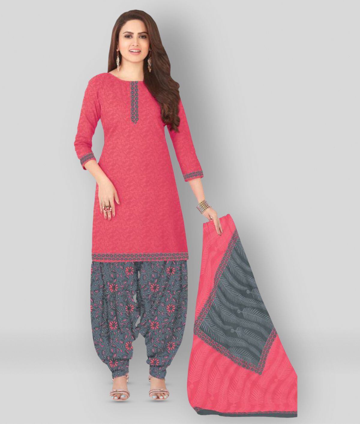     			shree jeenmata collection Pink,Grey Cotton Unstitched Dress Material