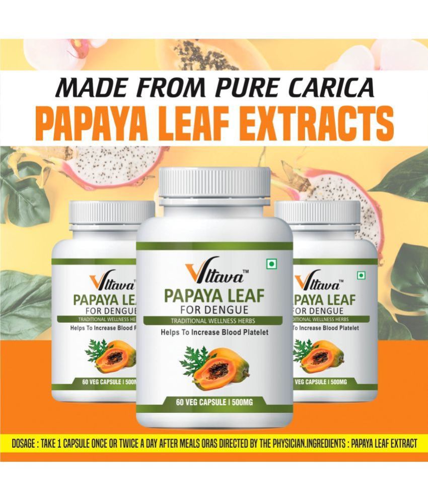     			Vltava Papaya Leaf Extract Powerful Anti-oxidants & Improve Blood Platelets 180 mg Unfalvoured Minerals Capsule Pack of 3