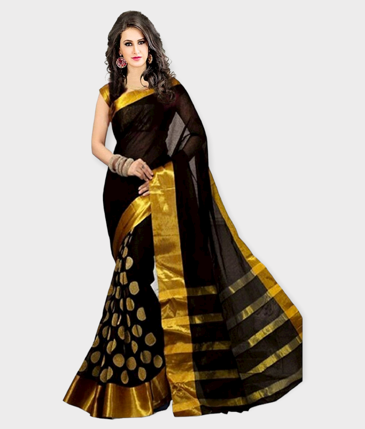     			Bhuwal Fashion - Black Cotton Blend Saree With Blouse Piece (Pack of 1)