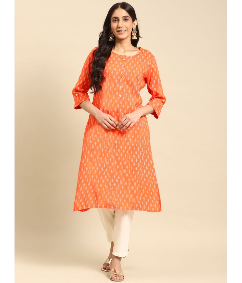     			Rangita Women Rayon Orange Buta Printed Calf Length A-line Kurti