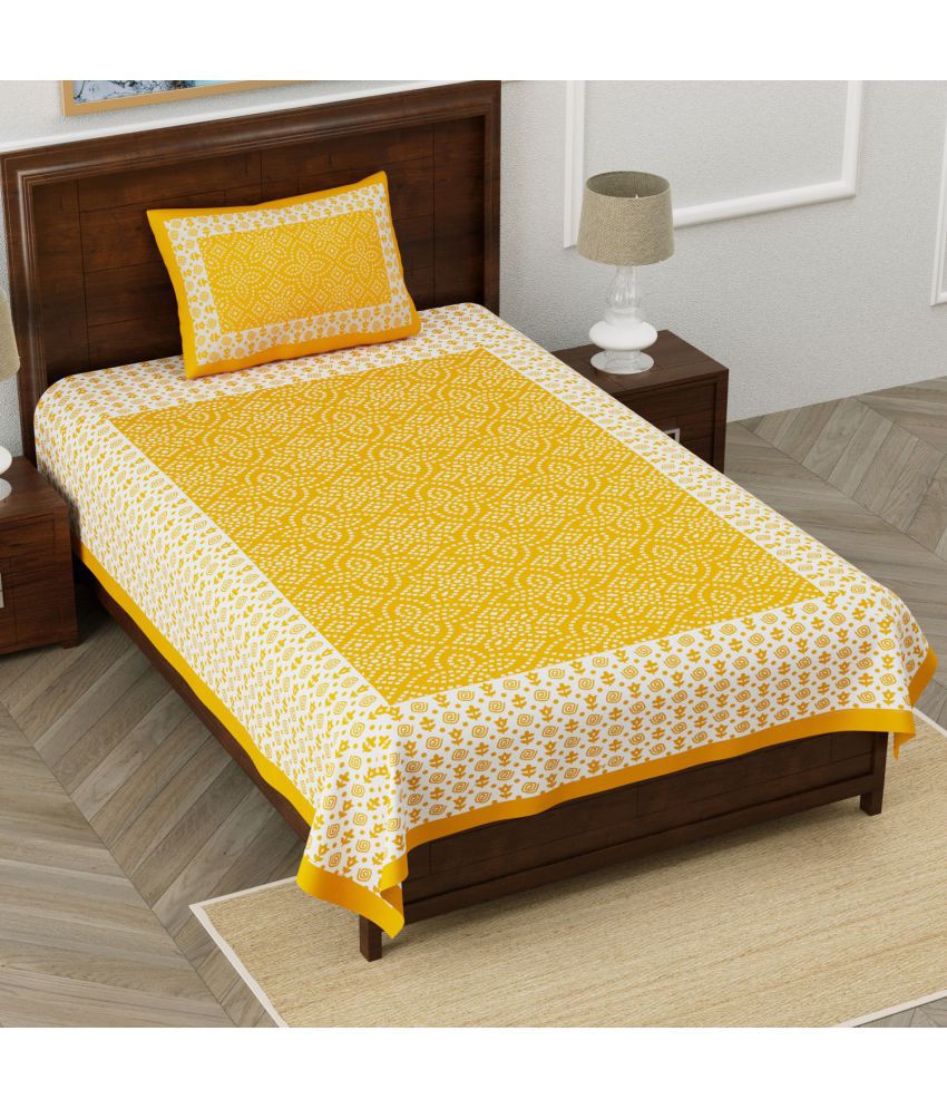     			HOMETALES Cotton Ethnic Single Bedsheet with 1 Pillow Cover- Yellow