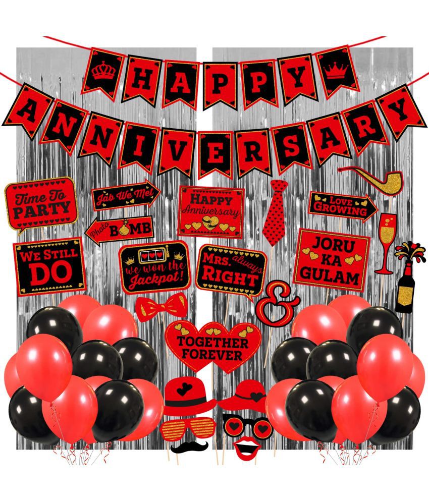     			Zyozi  Anniversary Red Black Photo Booth Party Props DIY Kit -Happy Anniversary Banner, Photo Booth Props , Foil Curtain and Balloon/Happy Anniversary Decoration Kit/Anniversary Party Decoration (Pack of 50)