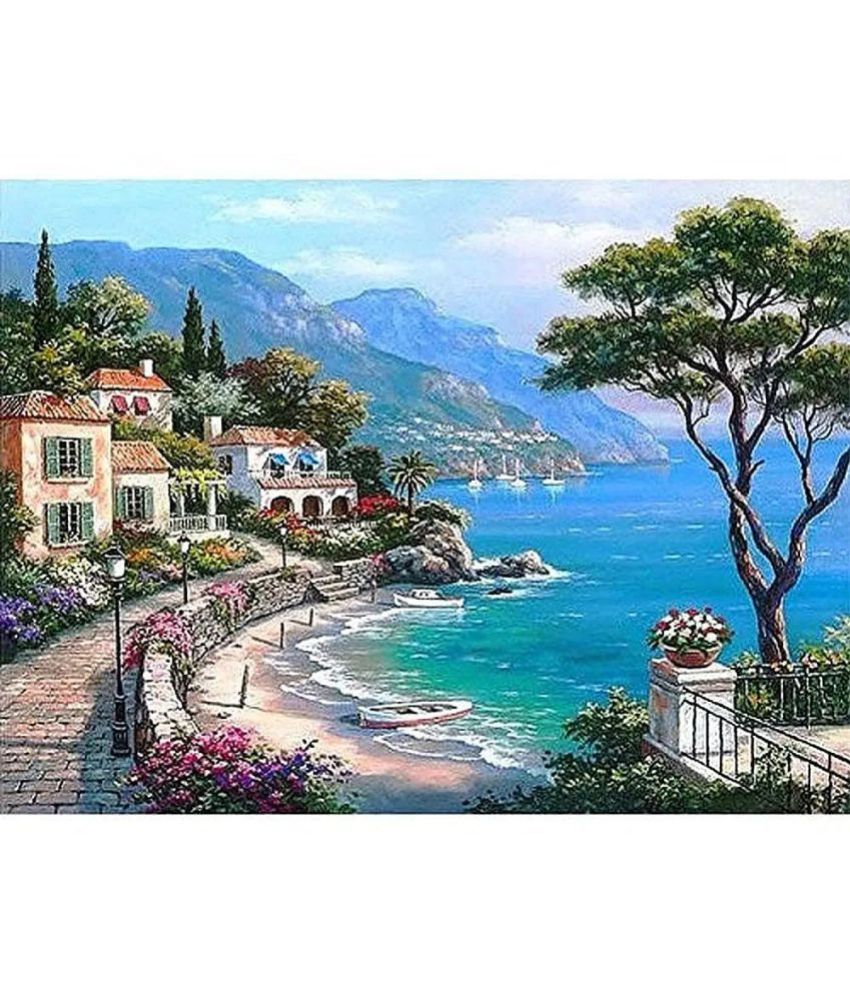 WOWDUNIA Paint by Numbers Kit for Beginners Kids and Adults Learn to Paint Unframed DIY Oil Painting Set 40cm * 50cm (Mediterranean Beach House)