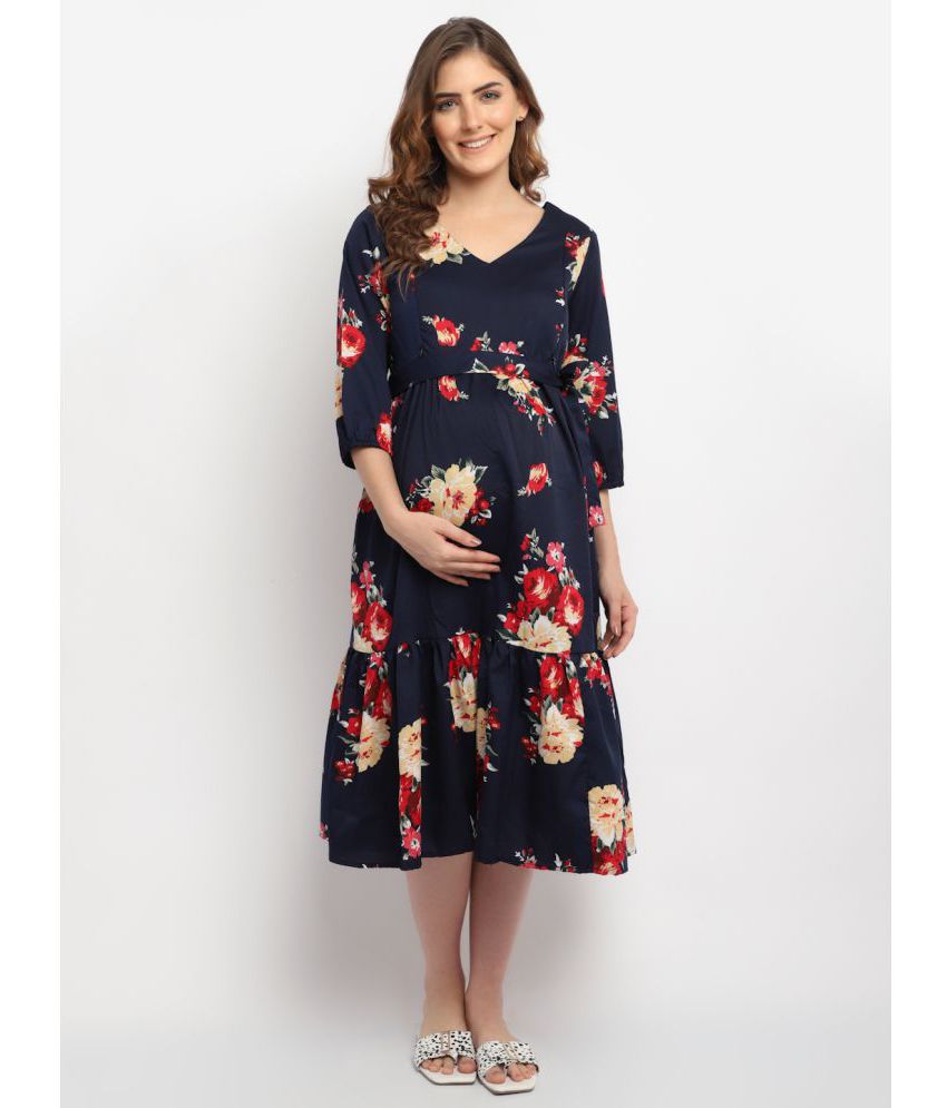     			Moms Maternity - Navy Blue Crepe Women's Maternity Dress ( Pack of 1 )