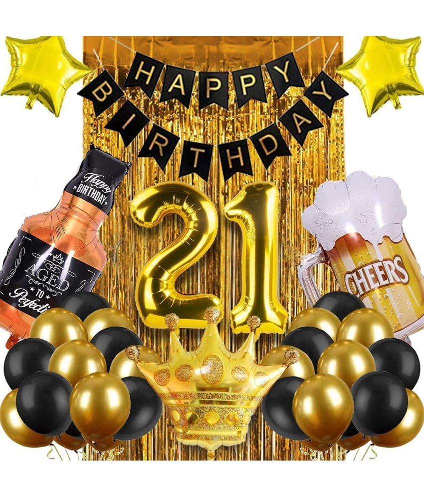 Party Propz 21st Birthday Decorations Set 33Pcs Golden Black Combo Kit with 21 Happy Birthday