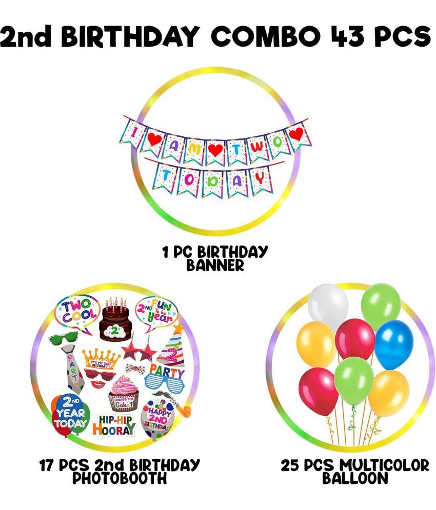 Party Propz 2nd Birthday Decoration Items for 43Pcs Multicolour Happy