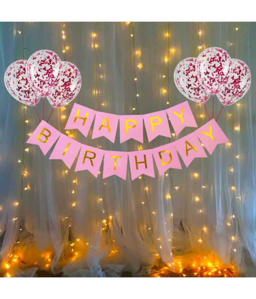 Party Propz Birthday Decoration Items Kit 10Pcs Pink Bday Banner