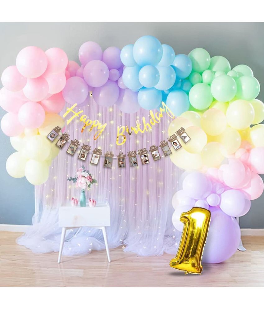     			Party Propz Birthday Decoration Set for 1st Birthday -60Pcs Kit With Net, Banner No.1 Balloon, 1-12Month, Lights Balloons for 1st Birthday Decoration For Girls / First Birthday Decoration s