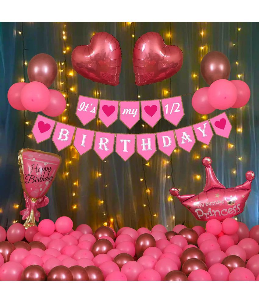     			Party Propz Half Birthday Decorations For Baby Girl Combo - 51Pcs Items Set For 6 Months Birthday Decorations For Girl - 1/2 Birthday Decorations For Girls - Half Bday Banner, Balloons,Foil & Lights