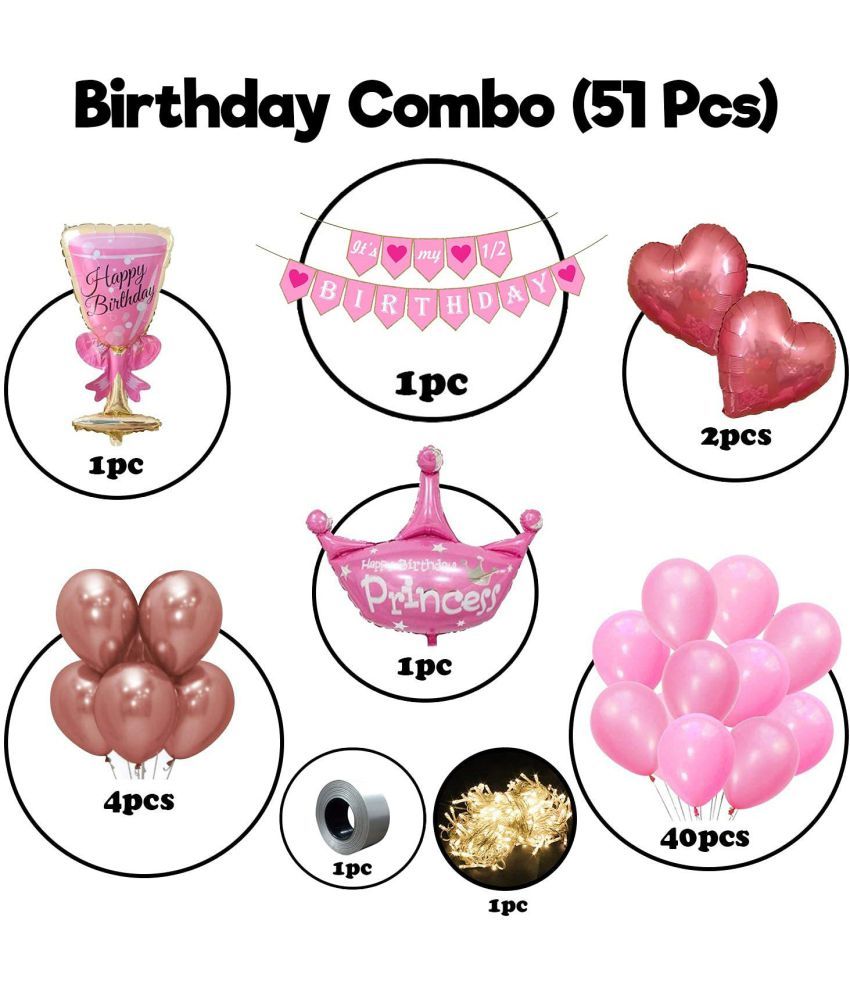 Party Propz Half Birthday Decorations For Baby Girl Combo 51Pcs Items