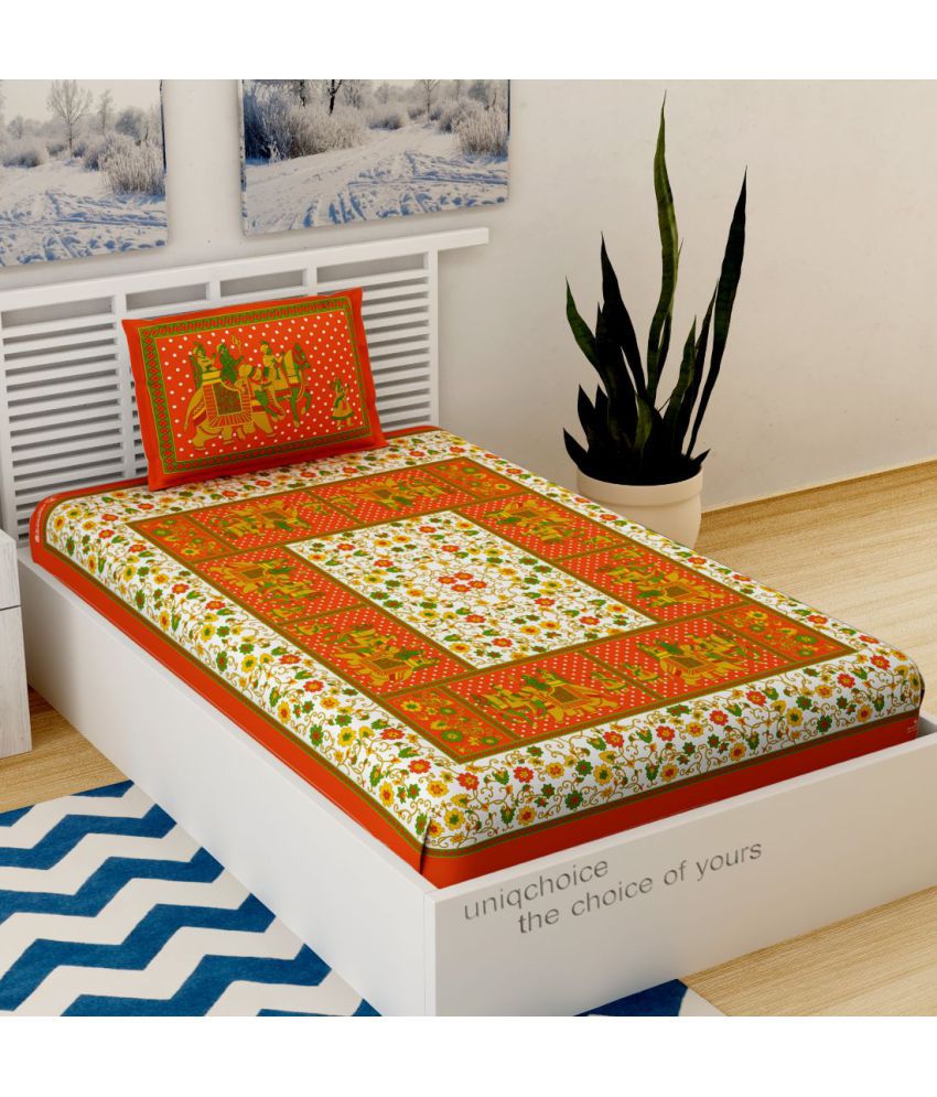     			Uniqchoice - Orange Cotton Single Bedsheet with 1 Pillow Cover