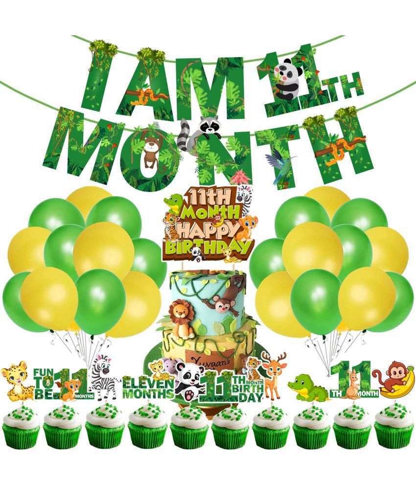     			Zyozi Jungle Theme 11th Month Birthday Decoration Kids,I AM 11th Month Birthday Banner with Latex Balloons, Cake Topper and Cup Cake Topper for Baby Boy or Girl Birthday (Pack of 37)