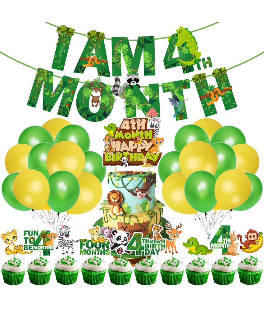     			Zyozi Jungle Theme 4th Month Birthday Decoration Kids,I AM 4th Month Birthday Banner with Latex Balloons, Cake Topper and Cup Cake Topper for Baby Boy or Girl Birthday (Pack of 37)