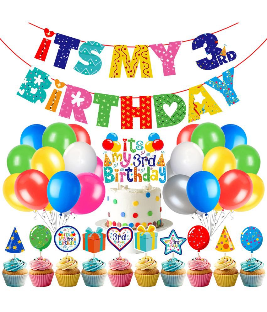     			Zyozi Third Birthday Party Supplies,3rd Birthday Party Decorations for Boys or Girls with Its My 3rd Birthday Banner Cake Topper Cupcake Toppers Balloons(Pack of 37)