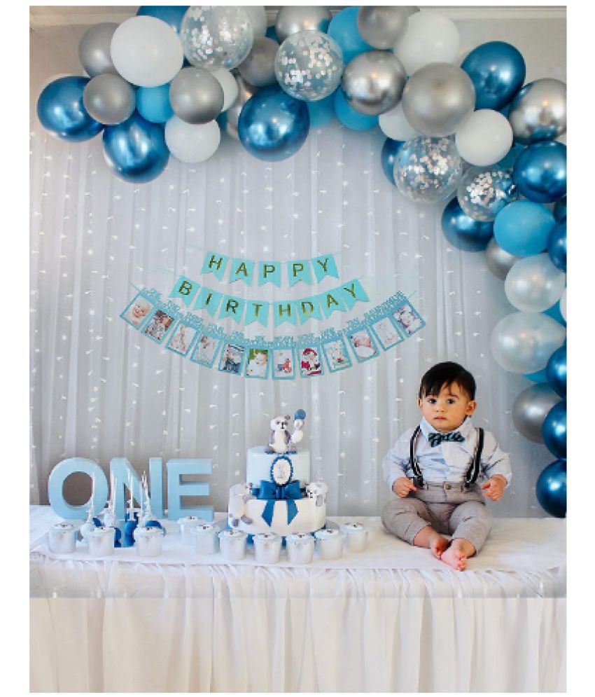     			Blooms  Mall 1st birthday decoration with monthly Photo banner for boys, net fabric backdrop Diy Combo set with Balloon Garland arch tape, Fairy LED lights - 78 Pc Set / first