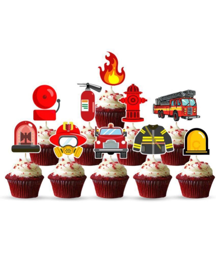     			Zyozi Fire Truck Birthday Decoration Supplies Kit, Fire Happy Birthday Fireman 10 Cup Cake Topper Centerpieces Sticks for Kids Firefighter Theme Party Baby Shower (Cup Cake Topper)