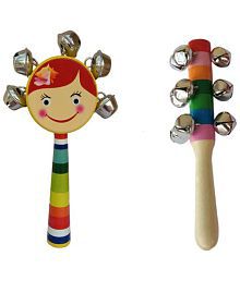 Channapatna Toys Wooden Baby Rattle Toys for infants/new born babies (0+ Years) - Jingle Bell &amp; Face Rattle set of 2 pcs - Discover Sounds, Develops Sensory Skills