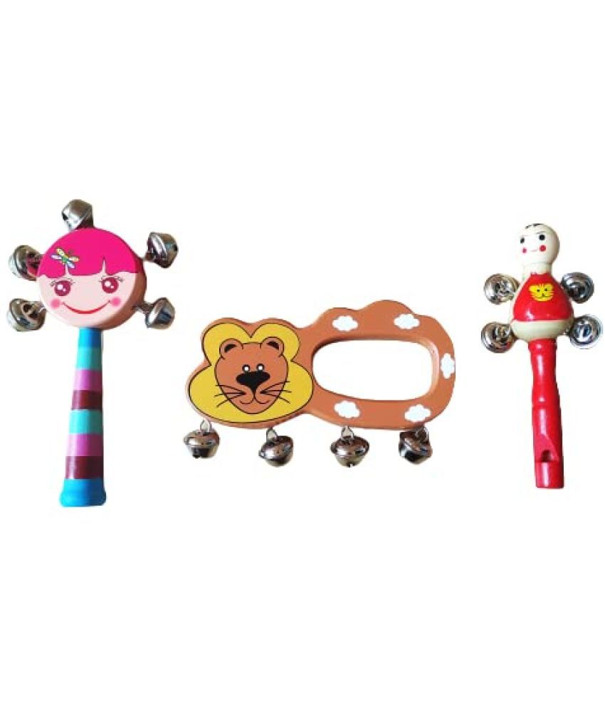     			Channapatna Toys Handmade Wooden Rattles for Baby/Infants, new born ( 0+ Years) - set of 3 pcs - multicolor & whistle - Discover Sounds, Develops Sensory Skills