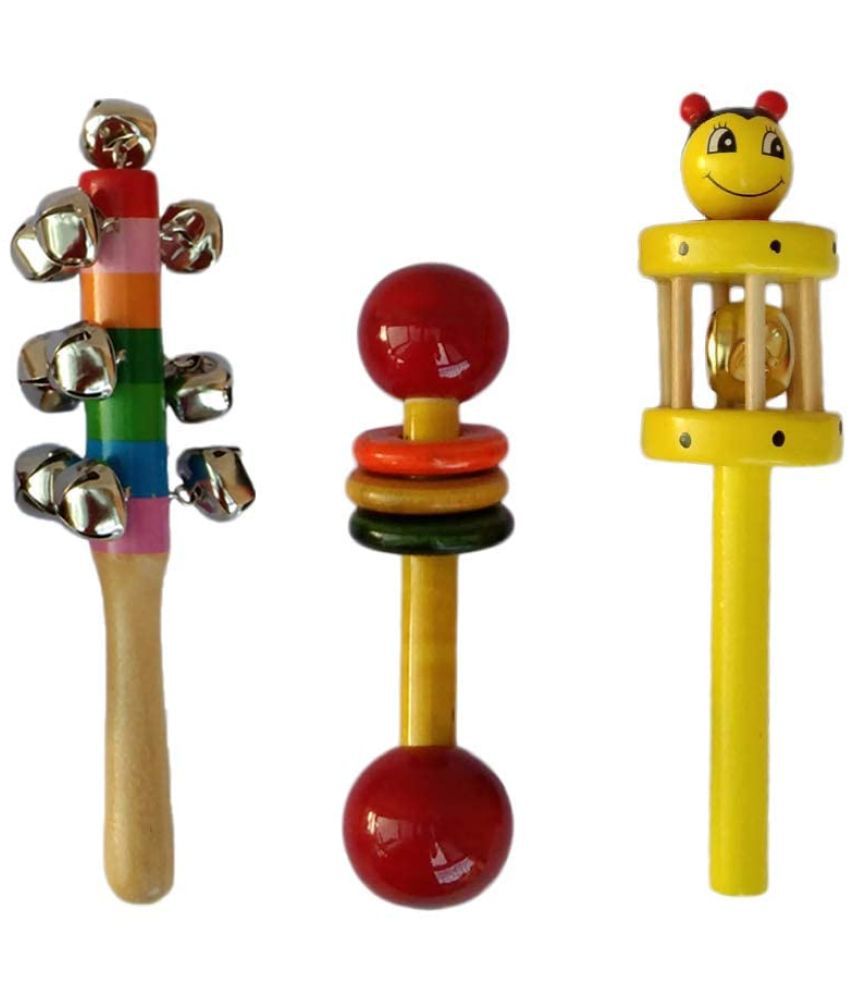    			Channapatna Toys Wooden Rattle Toys for Baby | Infants | New born ( 0+ Years) - Set of 3 pcs - Multicolor - Discover Sounds, Develops Sensory Skills