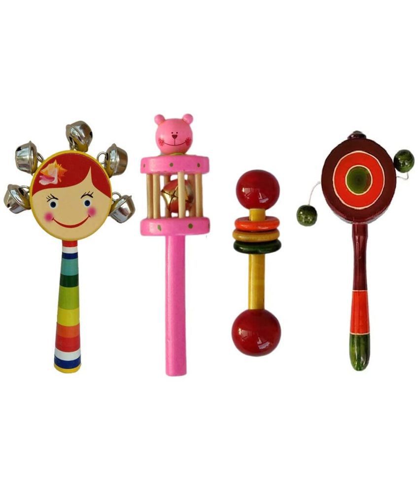     			Channapatna Toys Wooden Rattles for New Born Babies | Infants | - Pack of 4 pcs - multicolor - Discover Sounds & Develops Sensory Skills