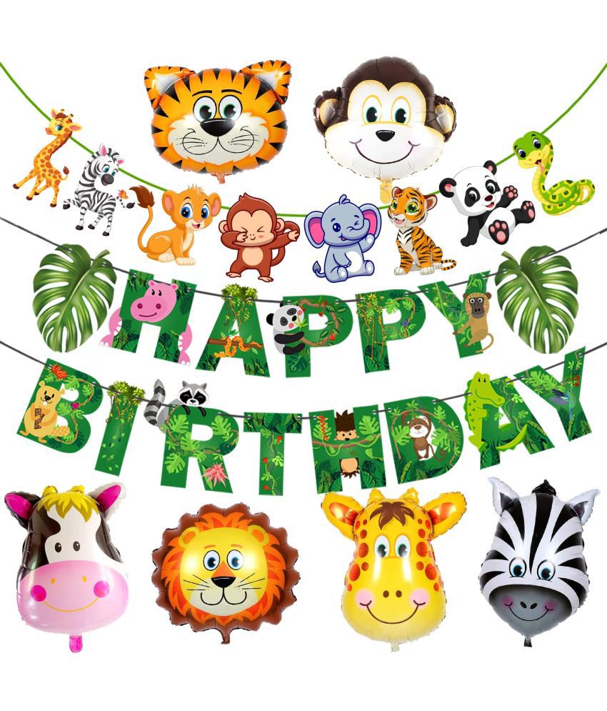     			Zyozi Jungle Safari Happy Birthday Decoration Kids,Animal Birthday Party Decoration Banner with Latex Balloons, Cake Topper and Cup Cake Topper for (Pack of 8)