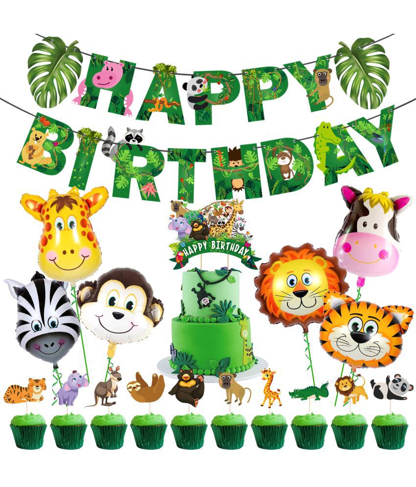     			Zyozi Jungle Safari Happy Birthday Decoration Kids,Animal Birthday Party Decoration Banner with Latex Balloons, Cake Topper and Cup Cake Topper for (Pack of 18)