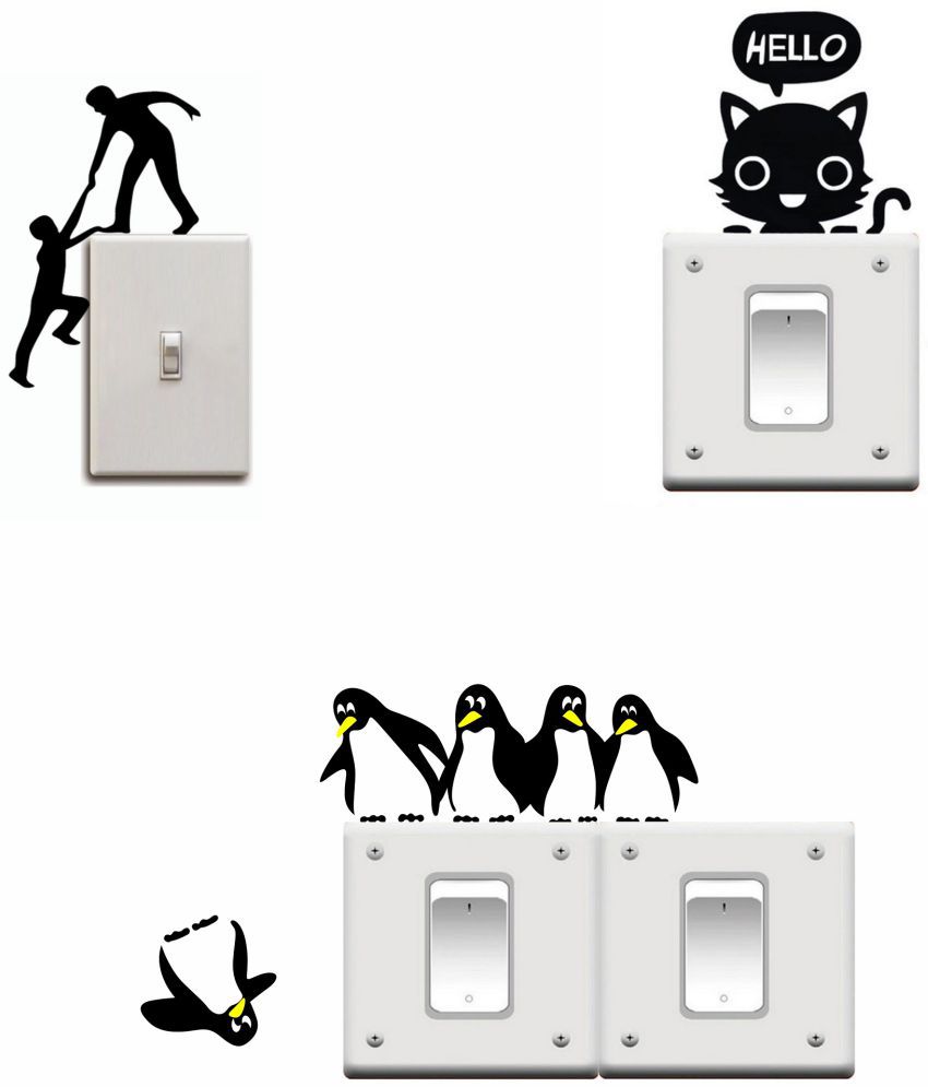     			Asmi Collection Funny Penguins Cat and People Switch Board Sticker ( 16 x 16 cms )