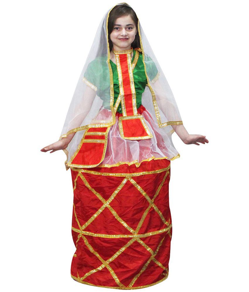    			Kaku Fancy Dresses Indian State Manipuri Folk Dance Costume - Red & Green, for Girls