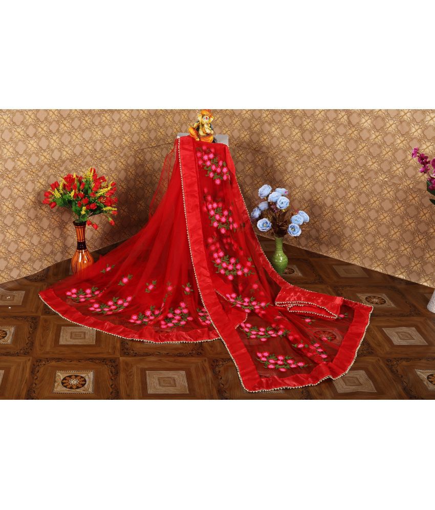     			Gazal Fashions - Red Net Saree With Blouse Piece ( Pack of 1 )