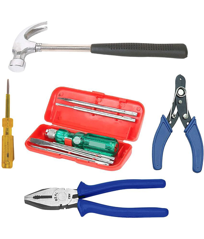     			Kadio Hand Tools Combo Set With 8" Combination Plier, Wire Cutter, 8" Claw Hammer, tester, 5 Pcs Screwdriver Set With Box (Set of 5)